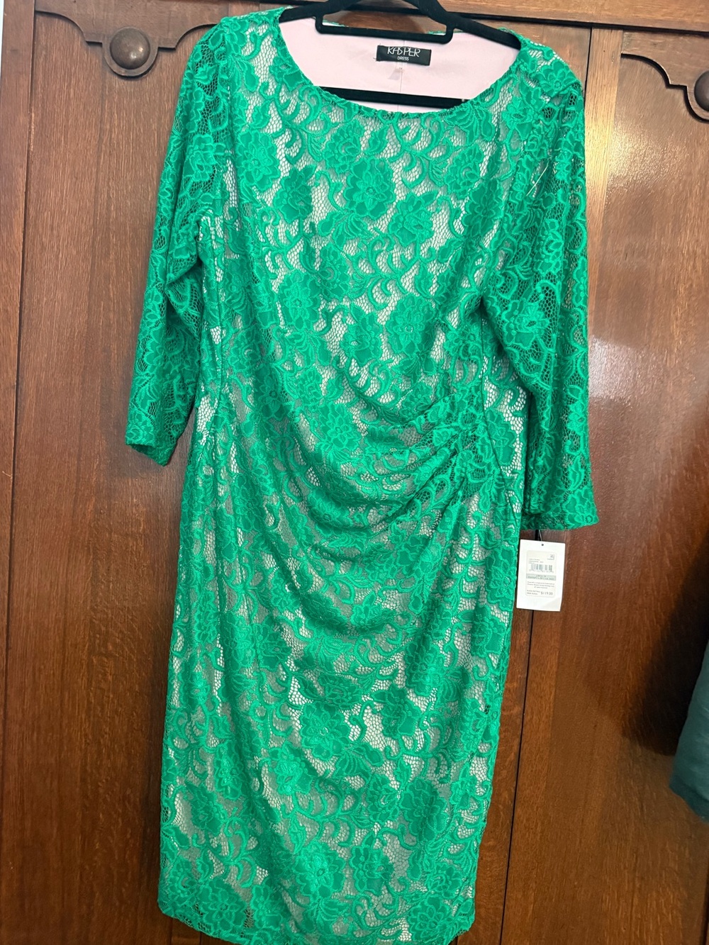 NWT Kasper 1X Emerald Green Lace Pink Lined Dress 3/4 Sleeve Cocktail Party